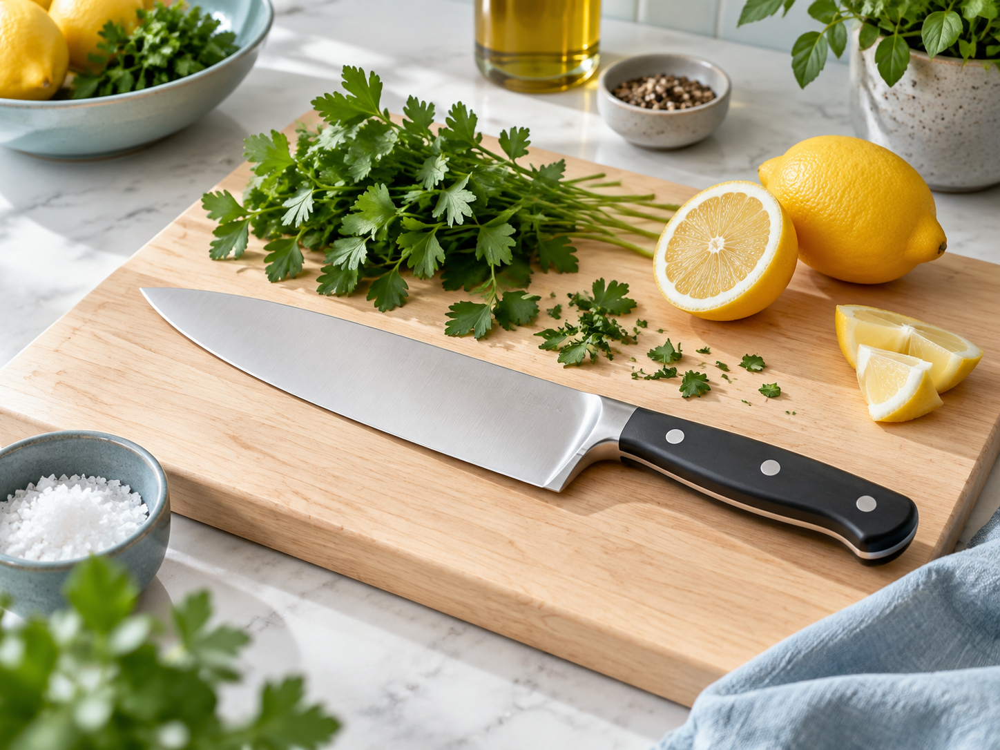 Illustrative kitchen scene with a generic chef knife; not a Mac product photo
