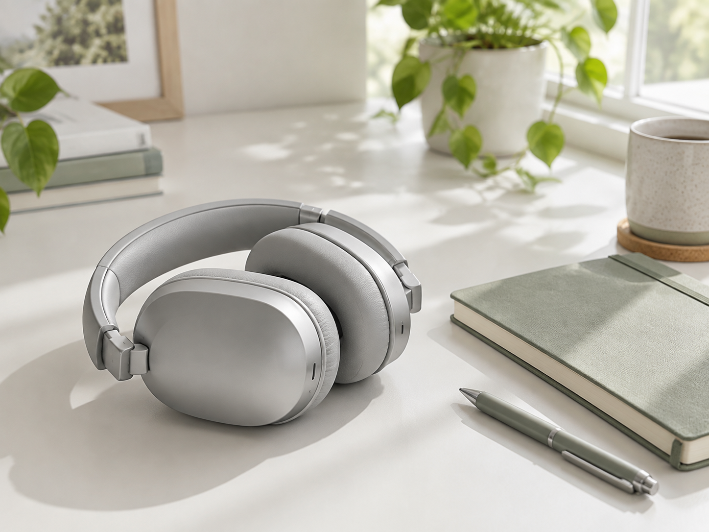 Illustrative desk scene with generic over-ear headphones; not a Sony product photo