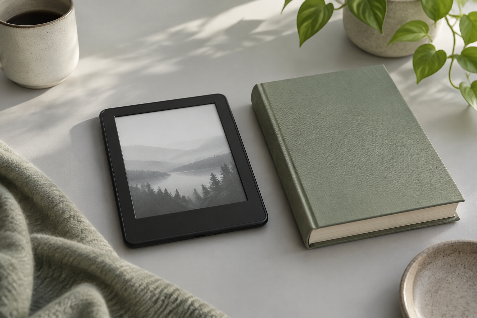 AI-generated reading scene; not a photo of a Kindle