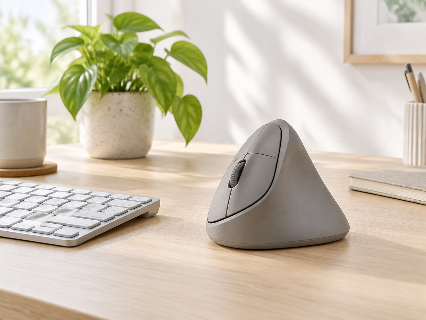 Illustrative desk scene with a generic vertical mouse; not a Logitech product photo