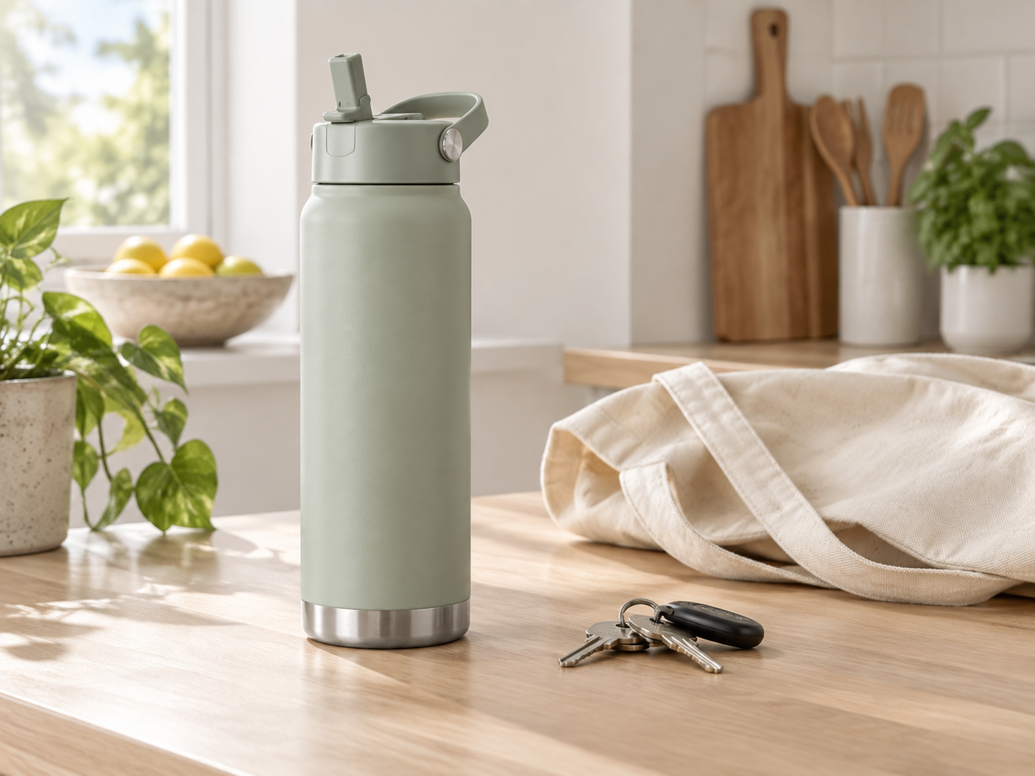Illustrative scene with a generic water bottle; not an Owala product photo